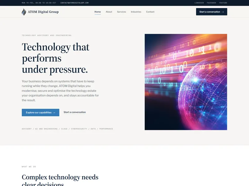 The ATOM Digital Group homepage, headed Technology that performs under pressure