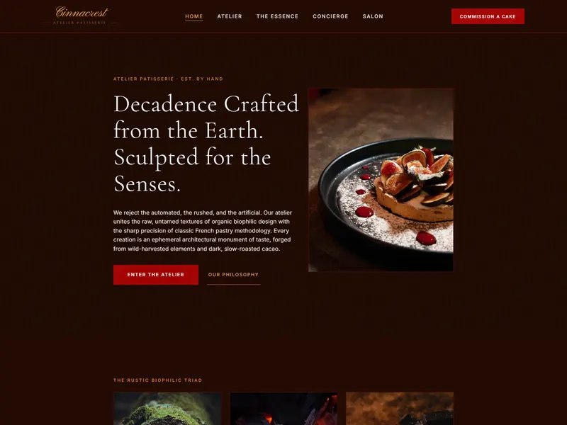The Cinnacrest homepage, a dark ground with a plated dessert and a Commission a cake button